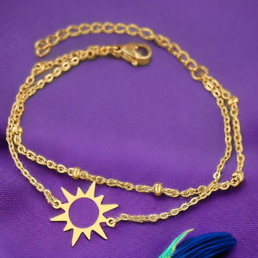 Gold Plated Stainless Steel Sun Pendant Multi-layer Chain Adjustable Bracelet